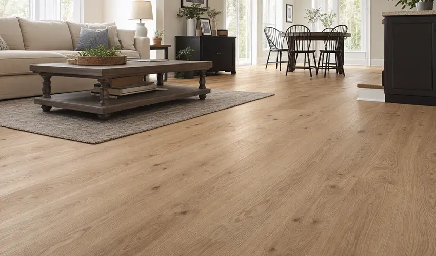 Natural oak three-layer engineered flooring in a living and dining space