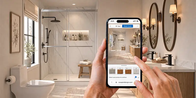 Mobile app displaying AI bathroom renovation preview in a real bathroom