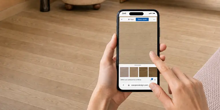 Mobile app previewing AI flooring selection in a real room