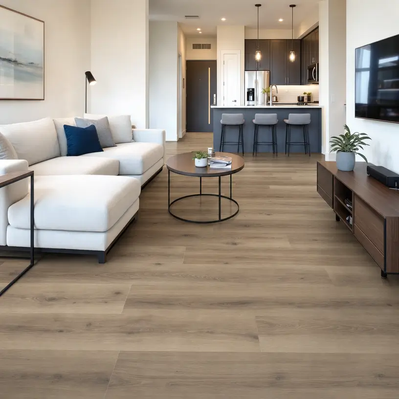 Affordable wood-look flooring in a simple modern apartment