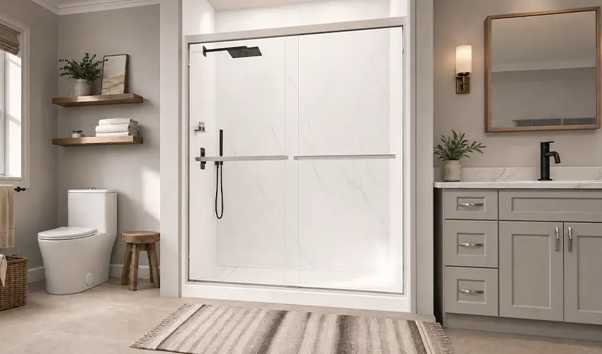 Modern bathroom with a glass shower enclosure, gray vanity, and toilet