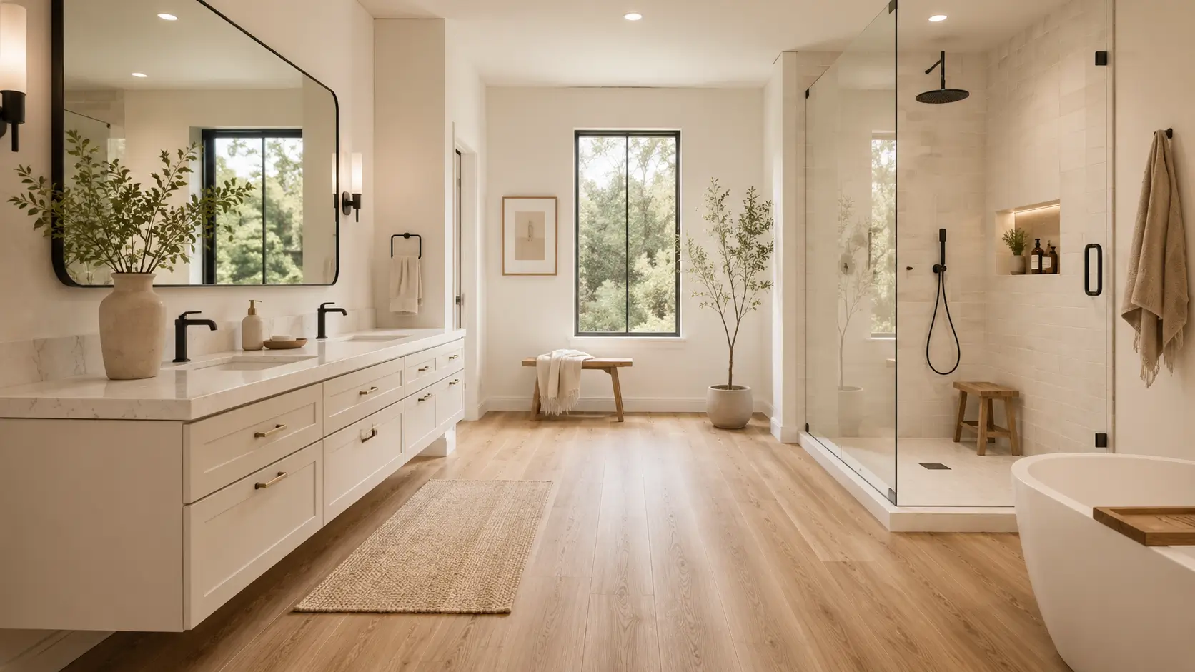 Bathroom Remodel Ideas for a Calm, Functional Space Bright California-style bathroom with wood-look flooring, white vanity, frameless shower, large mirror, and warm natural lighting.