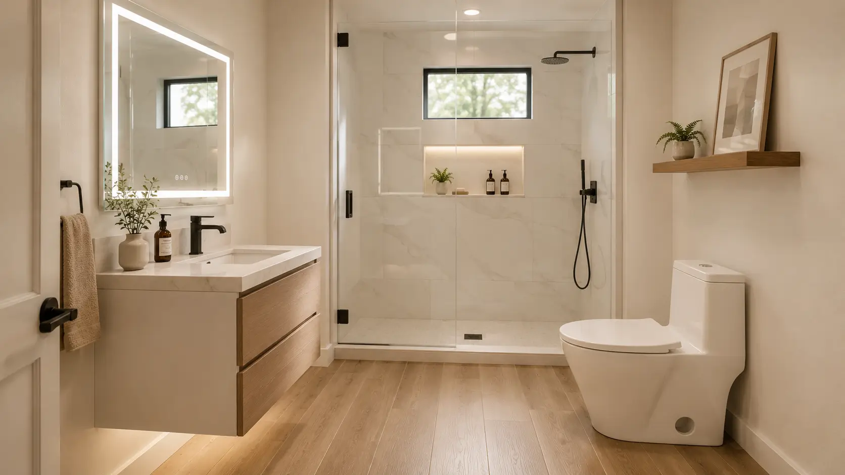 Bathroom Remodel Ideas for a Calm, Functional Space Small bathroom remodel idea featuring a floating vanity, glass shower door, large mirror, and wood-look flooring designed to make the space feel bigger.
