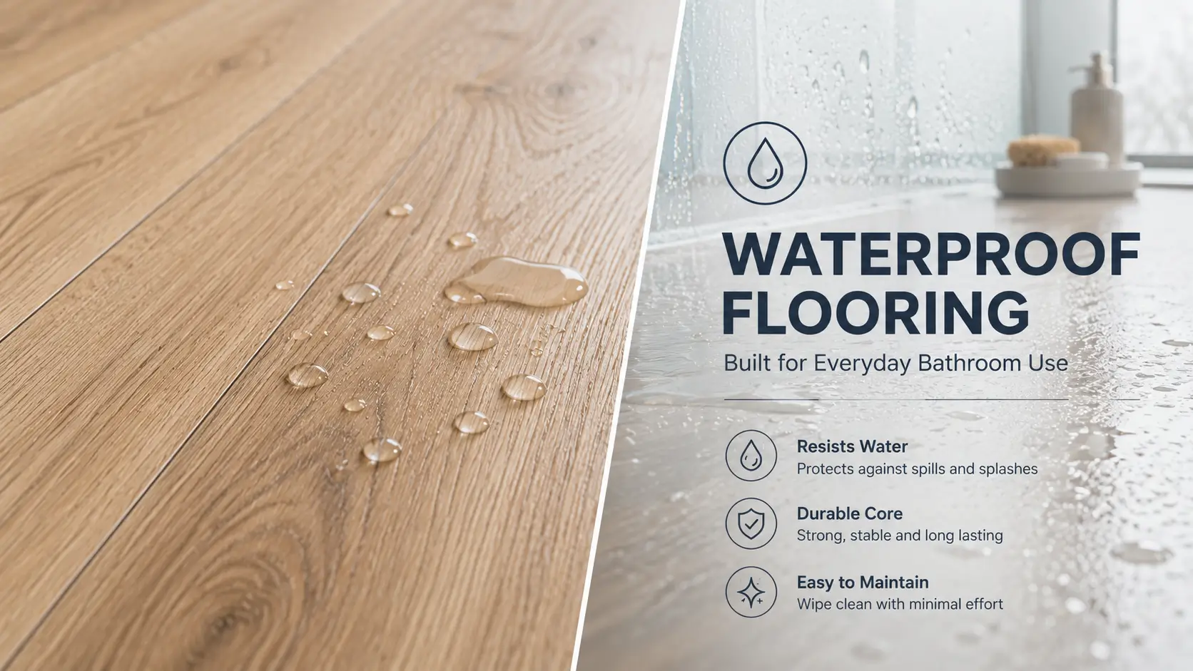 Bathroom Remodel Ideas for a Calm, Functional Space Waterproof SPC wood-look flooring with water droplets, demonstrating moisture resistance and easy maintenance for bathroom remodels.