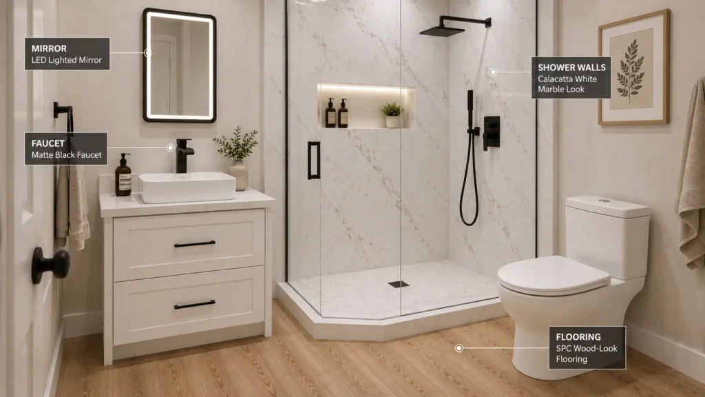 Bathroom material combination with marble-look shower walls, black faucet, LED mirror, and waterproof wood-look flooring for a cohesive remodel design.