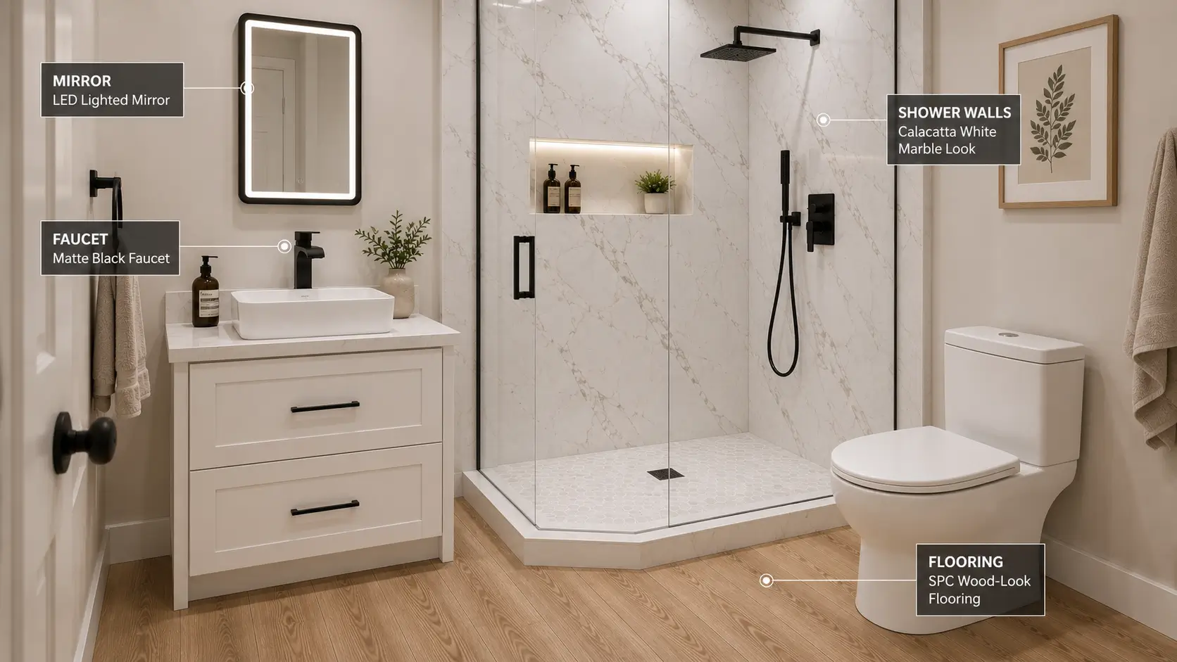 Bathroom Remodel Ideas for a Calm, Functional Space Bathroom material combination with marble-look shower walls, black faucet, LED mirror, and waterproof wood-look flooring for a cohesive remodel design.
