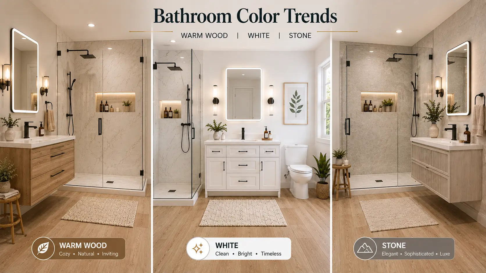Bathroom Remodel Ideas for a Calm, Functional Space Comparison of warm wood, white, and stone bathroom color trends featuring wood-look flooring, modern vanities, glass showers, and coordinated finishes.