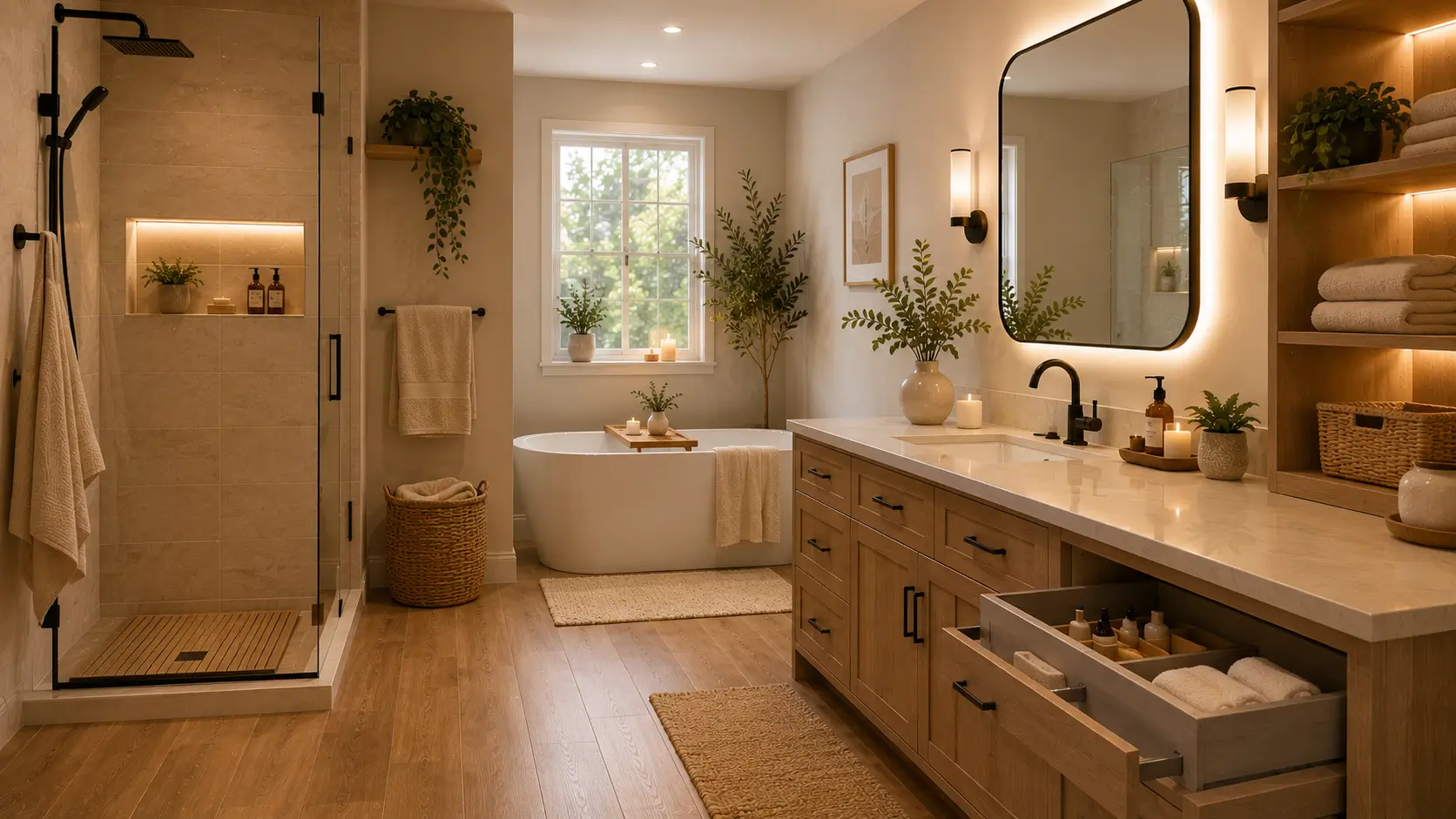 Bathroom Remodel Ideas for a Calm, Functional Space Bathroom designed for everyday comfort with practical storage, warm lighting, durable surfaces, and wood-look flooring.