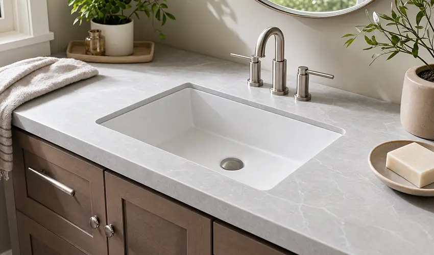 White undermount bathroom basin with a brushed nickel faucet