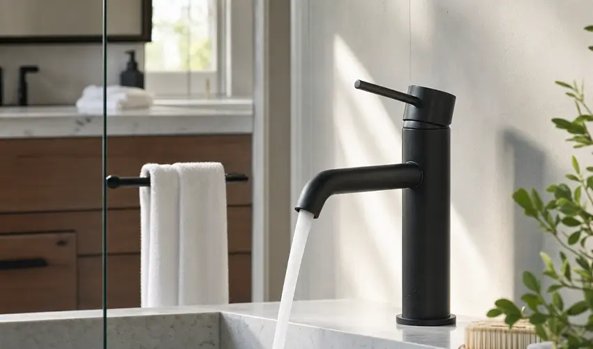 Matte black single-handle bathroom faucet with running water