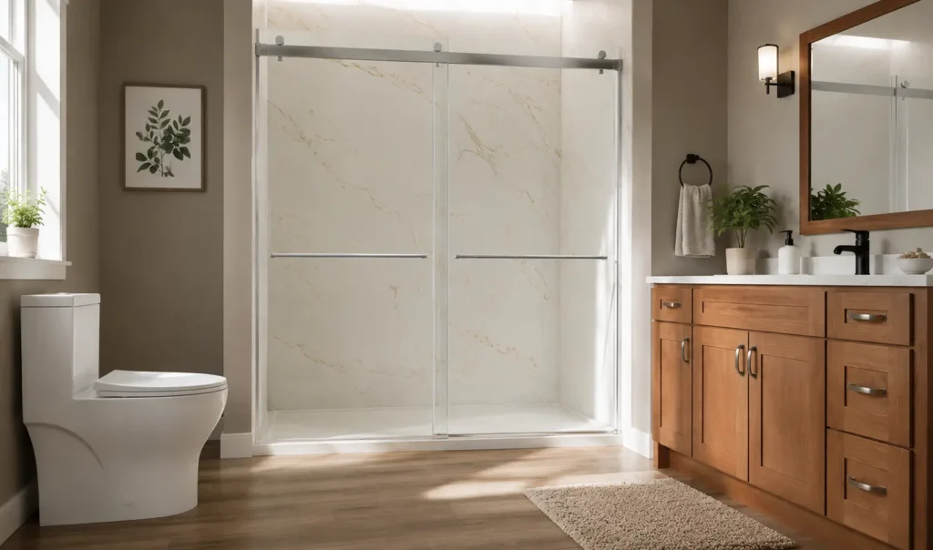 Modern bathroom with a glass shower enclosure, wood vanity, white countertop, and toilet