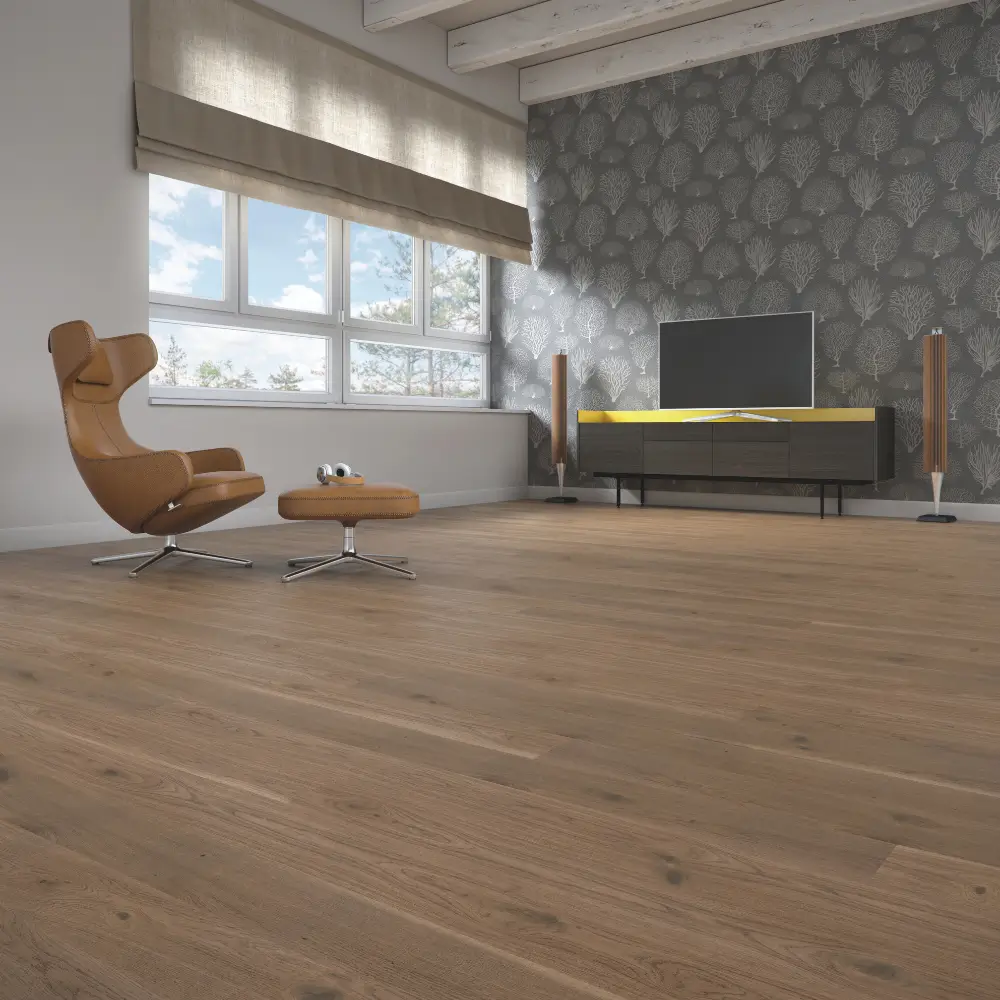 European Oak 3-Layer Engineered Wood Flooring Living Room 14mm European oak 3-layer engineered wood flooring installed in a modern living room