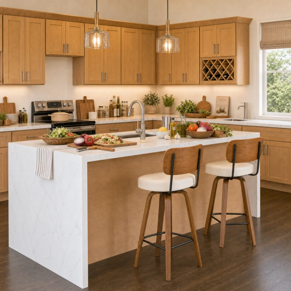 Warm modern kitchen with Shaker birch cabinets, white quartz countertops, brushed nickel faucets, and dark wood-look flooring