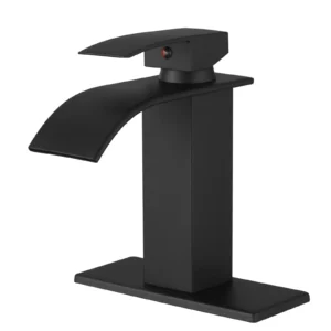 Black waterfall bathroom faucet with single handle and modern square base