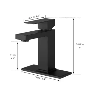 Silver square bathroom faucet with single handle and flat spout