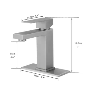 Dimensions of silver square bathroom faucet showing height and width measurements