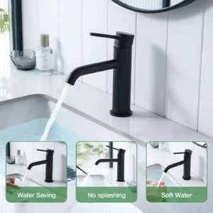 Black round bathroom faucet installed on a vanity with feature images showing water flow