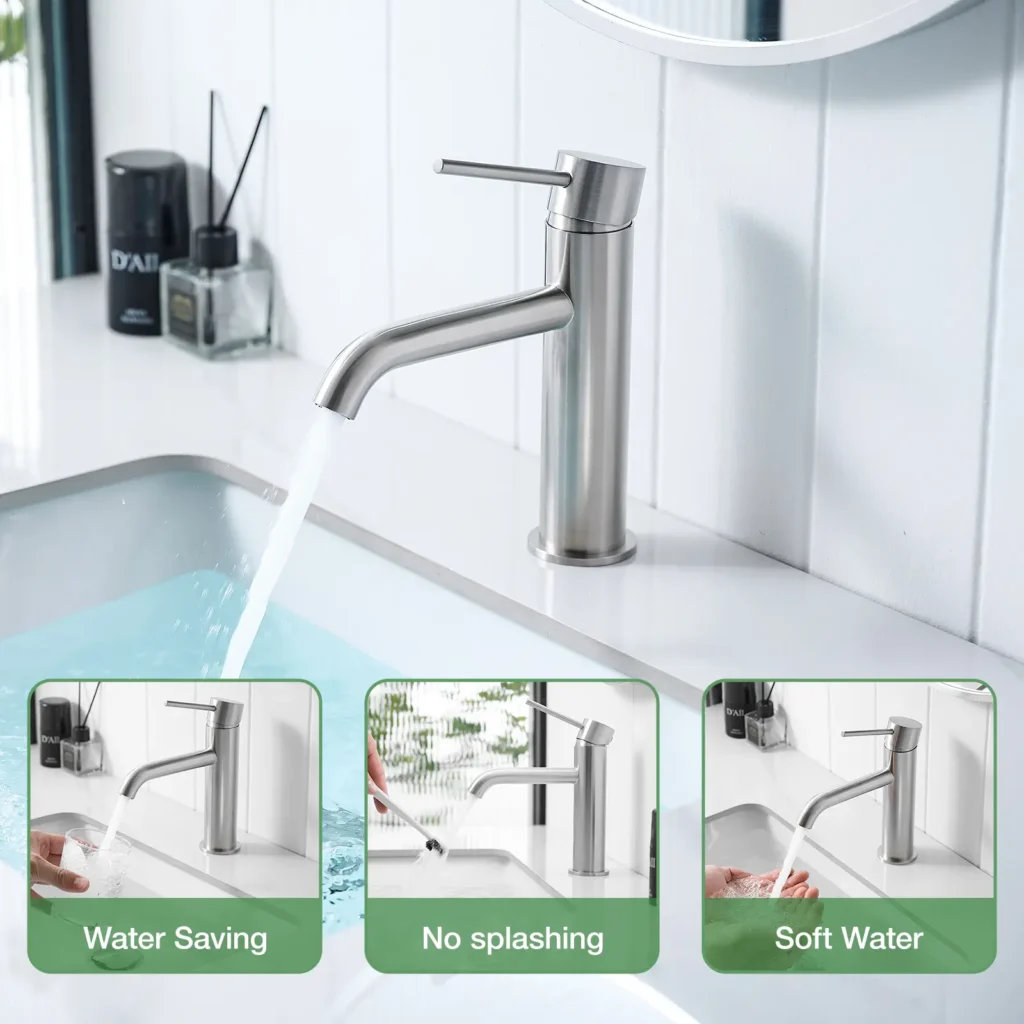Silver round bathroom faucet installed on a vanity with feature images showing water flow