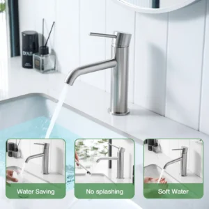 Silver round bathroom faucet installed on a vanity with feature images showing water flow