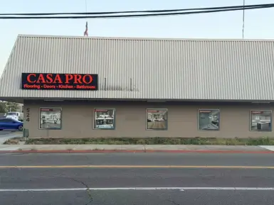 CasaPro Modesto flooring showroom entrance with flooring samples