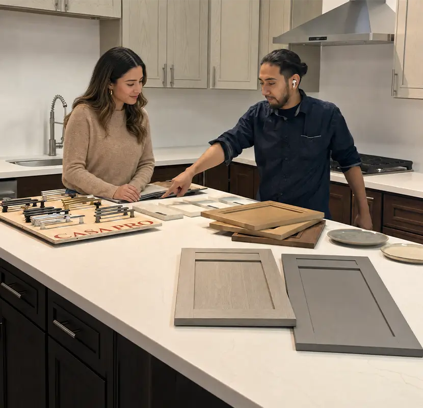 CasaPro team member discussing cabinet and countertop samples with a customer in the showroom