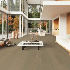 Modern open living space with 14mm Red Oak engineered wood flooring in a soft greige finish