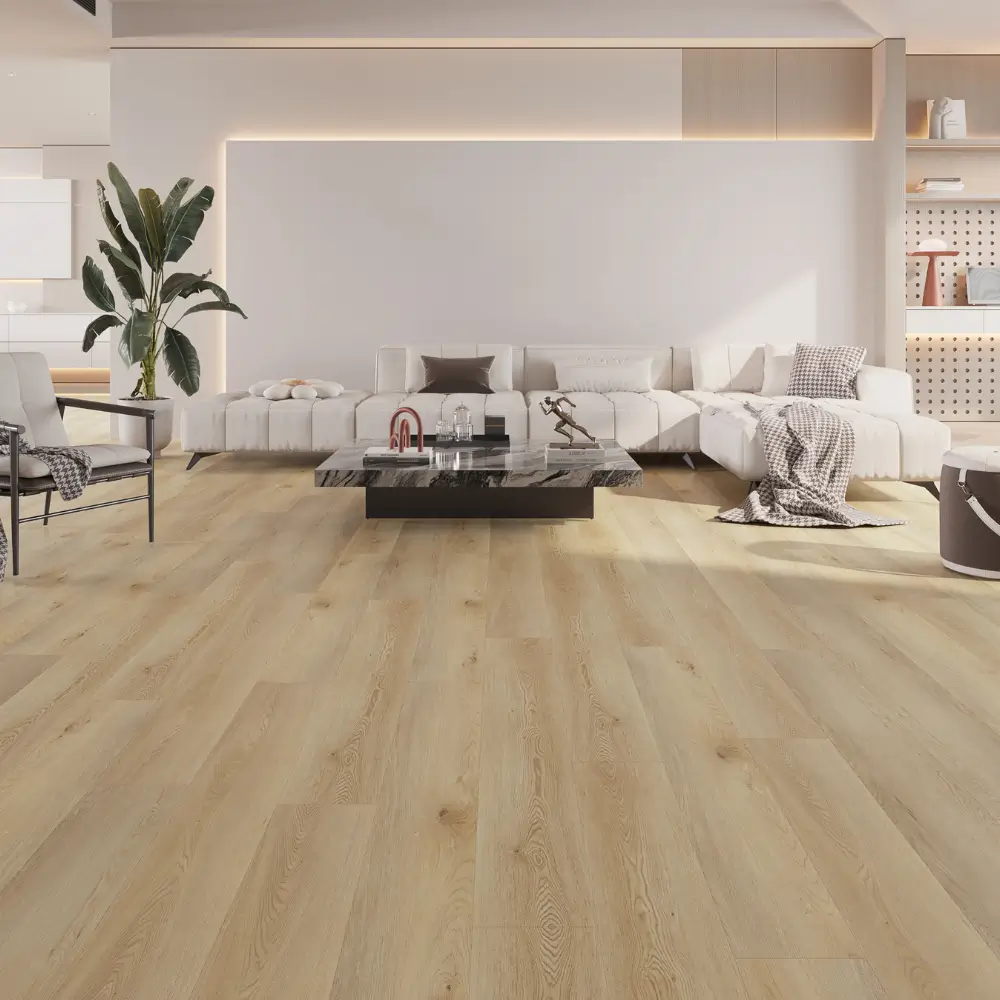 CasaPro DTS-02 Natural Beige Oak SPC Flooring Living Room Natural beige oak 8mm SPC flooring in a modern living room