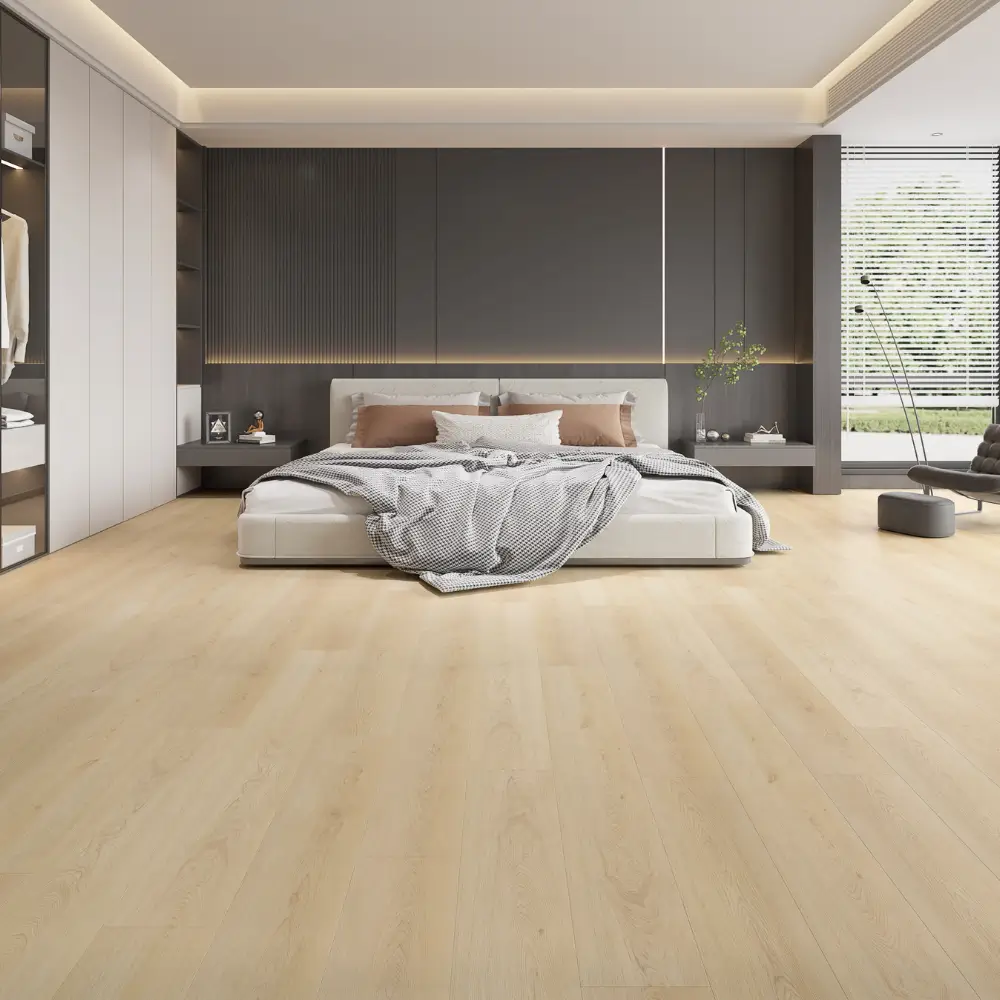 CasaPro DTS-04 Pale Beige Oak SPC Flooring Dining Room Pale beige oak 8mm SPC flooring installed in a modern dining room