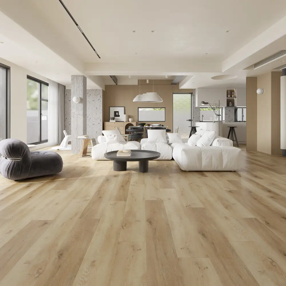 CasaPro DTS-08 Dark Charcoal Gray SPC Flooring Living Room Dark charcoal gray 8mm SPC flooring installed in a modern living room
