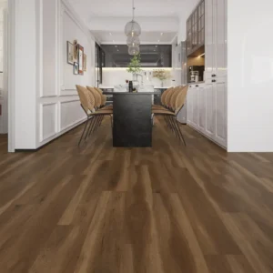 Warm walnut brown 8mm SPC flooring installed in a kitchen and dining space