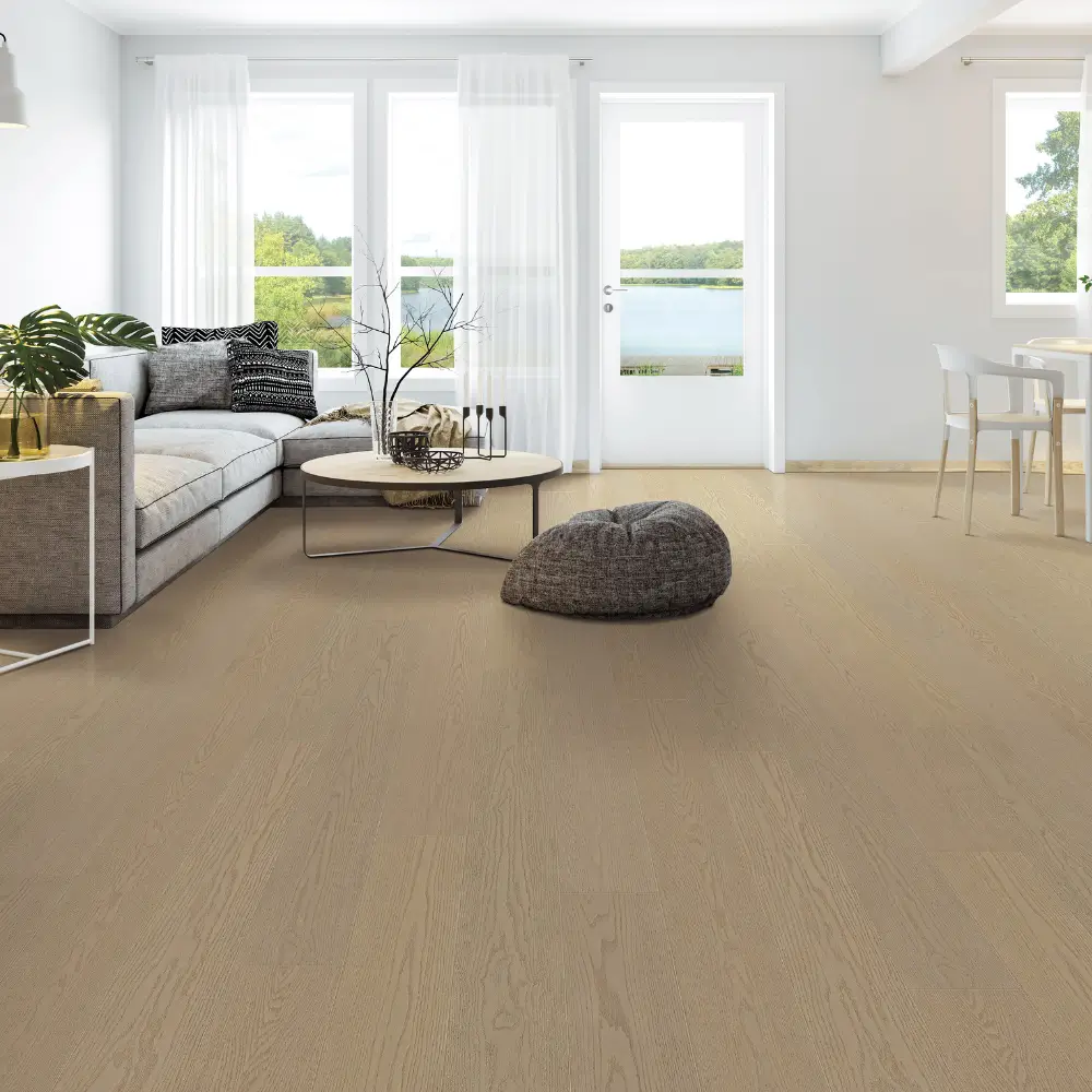 Light Taupe Beige Red Oak Flooring in Living Room Bright living room with 14mm Red Oak engineered wood flooring in a light taupe beige finish