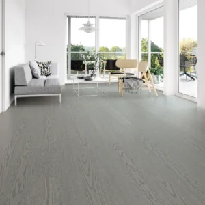 Minimalist interior with 14mm Red Oak engineered wood flooring in a cool gray finish