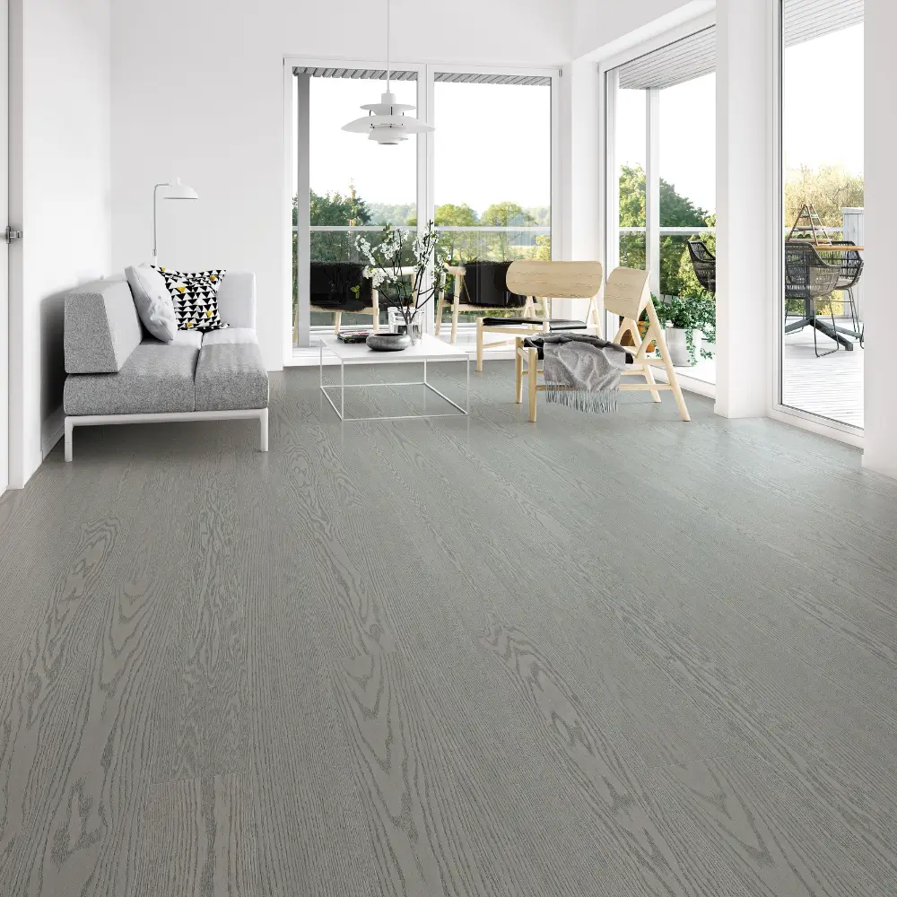 Cool Gray Red Oak Flooring in Modern Space Minimalist interior with 14mm Red Oak engineered wood flooring in a cool gray finish