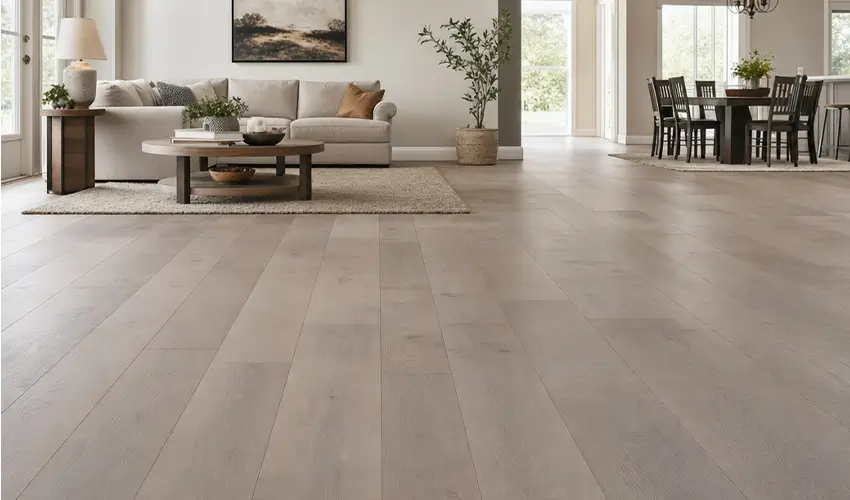 Wide-plank engineered wood flooring in an open living and dining room