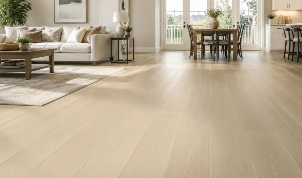 Light wood-look flooring in an open-concept living and dining space