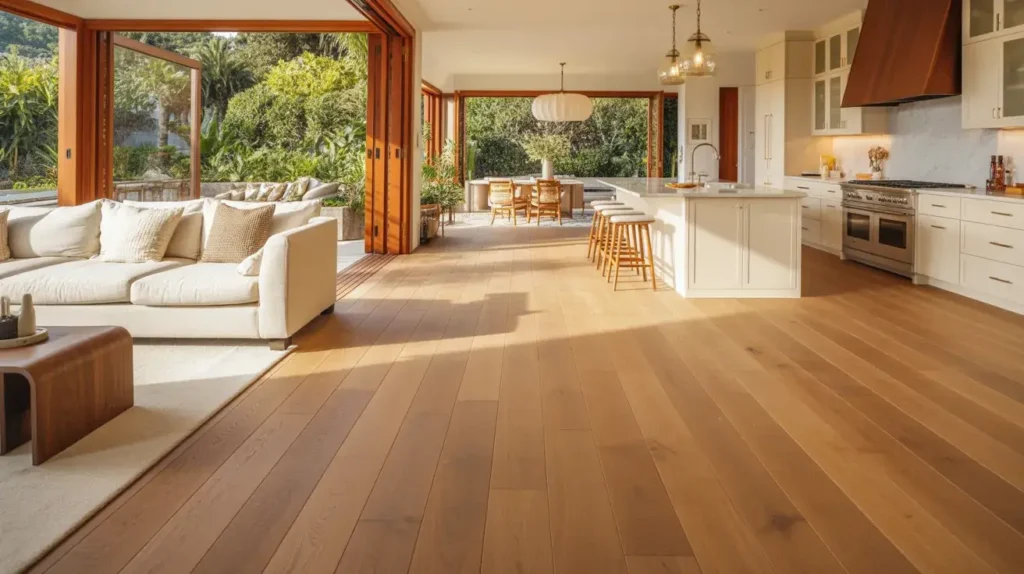 modern open-concept living room and kitchen with wood-look vinyl and laminate flooring
