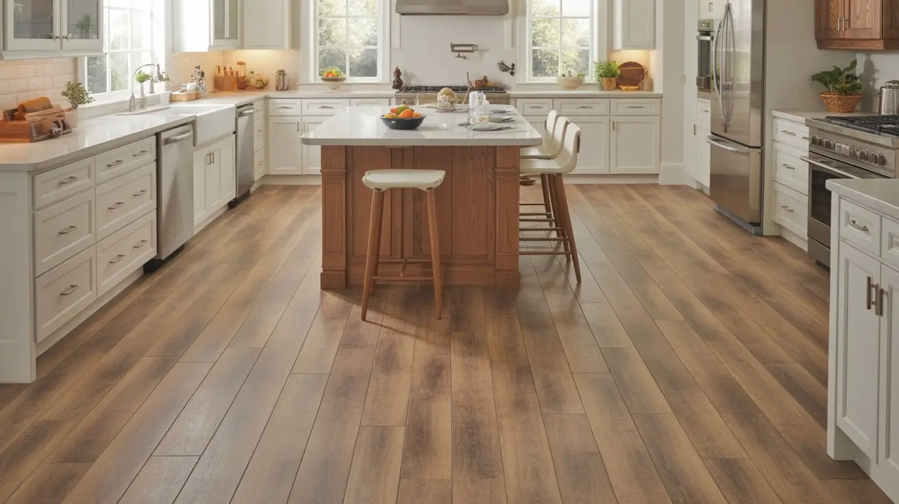 Vinyl vs. Laminate Flooring: What’s the Difference? waterproof luxury vinyl plank flooring in modern kitchen