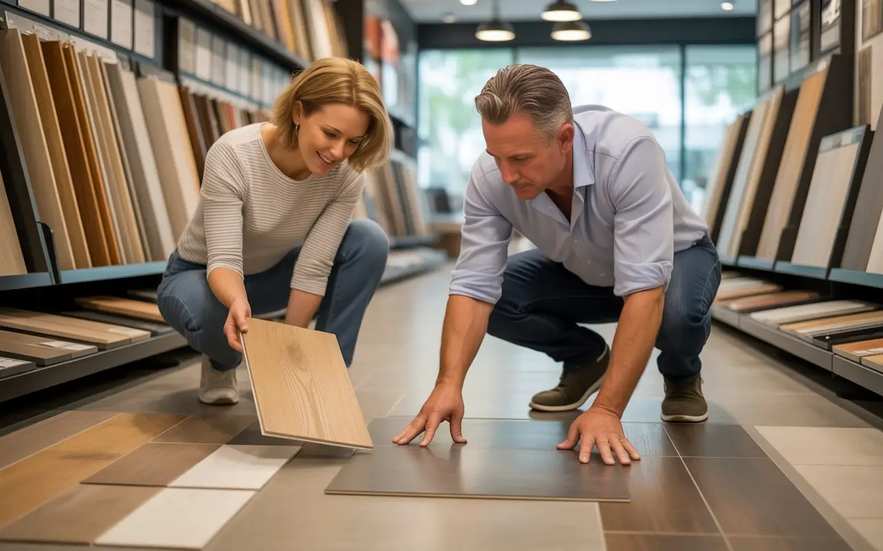 Vinyl vs. Laminate Flooring: What’s the Difference? homeowners choosing flooring samples in showroom