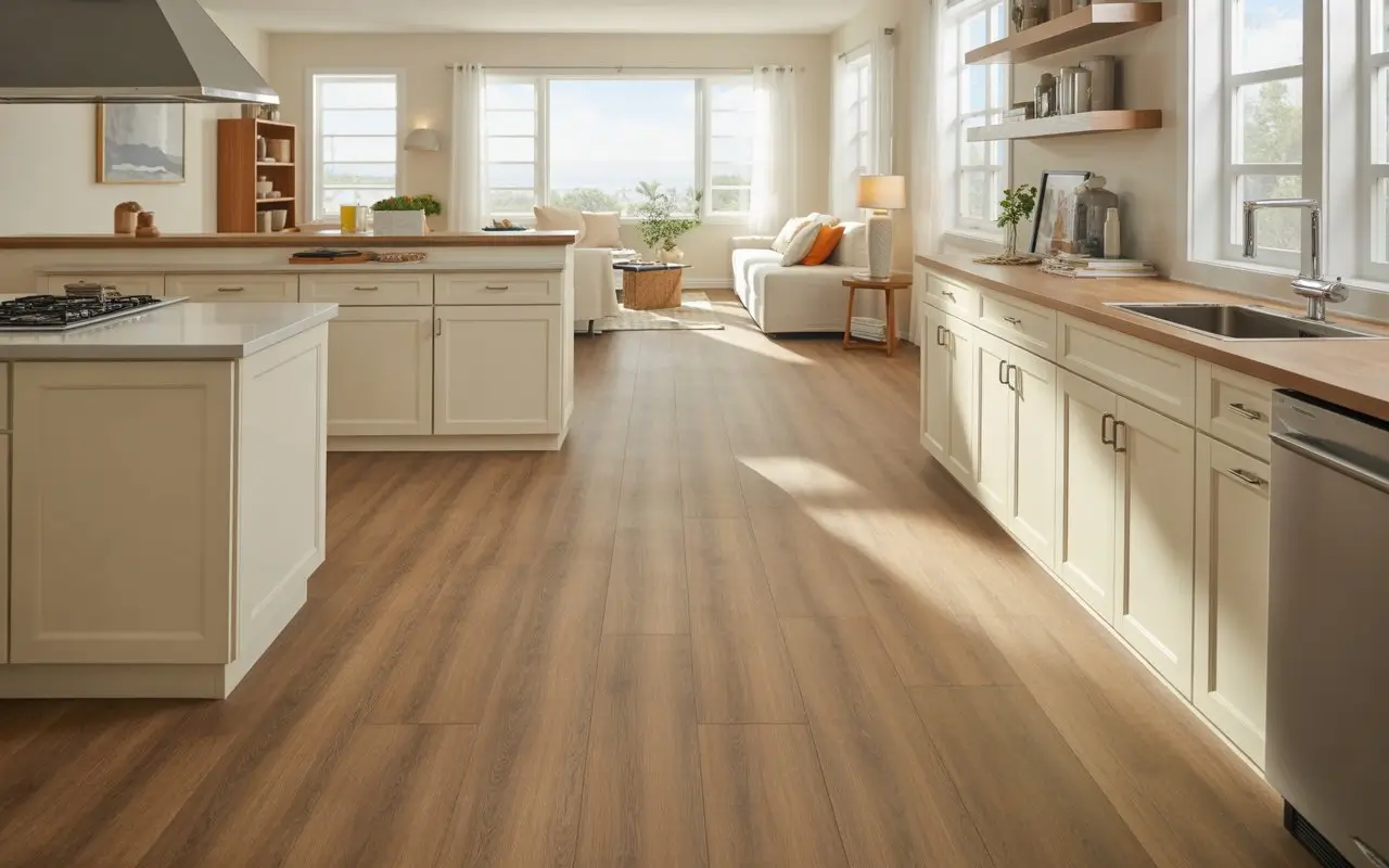 Vinyl vs. Laminate Flooring: What’s the Difference? modern open-concept kitchen with wood-look flooring