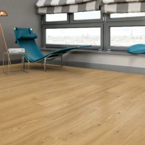 Natural golden European oak 3-layer engineered wood flooring in a modern lounge area