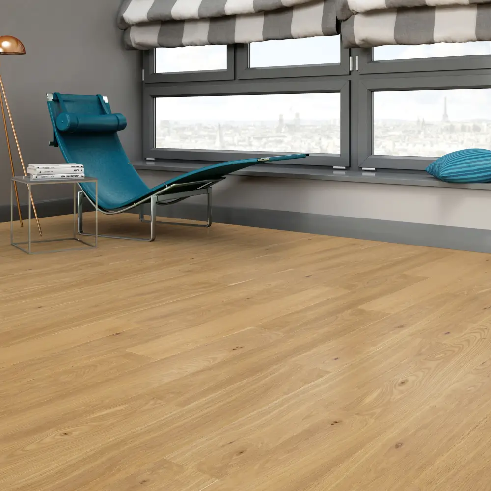 Natural Oak European Engineered Wood Flooring Lounge Room Natural golden European oak 3-layer engineered wood flooring in a modern lounge area