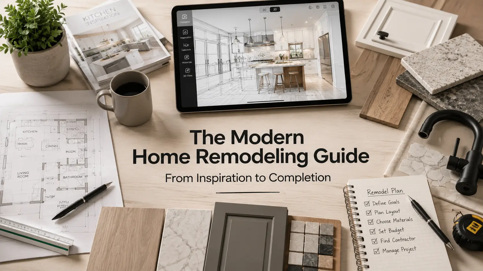 The Modern Home Remodeling Guide: From Inspiration to Completion Modern home remodeling planning process with design inspiration, material samples, renovation plans, and project coordination tools.
