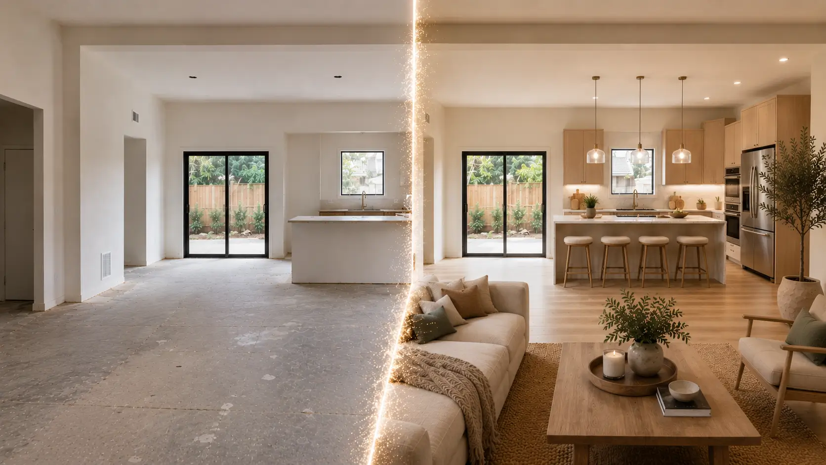 The Modern Home Remodeling Guide: From Inspiration to Completion Before-and-after home remodeling visualization showing an unfinished living room and kitchen transformed into a completed California Organic Modern design.