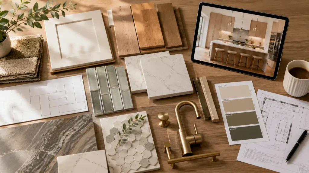 One-stop home remodeling material planning with flooring, cabinets, countertops, tile, fixtures, and coordinated design samples for a cohesive renovation project.