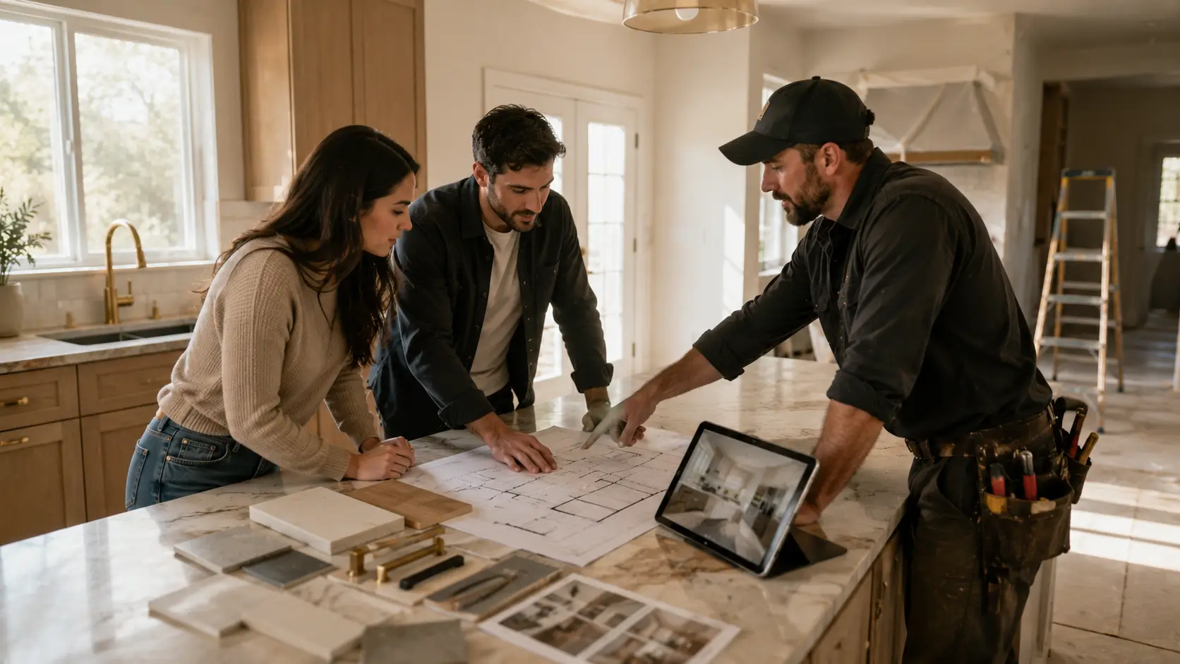 The Modern Home Remodeling Guide: From Inspiration to Completion Homeowners and a remodeling contractor reviewing renovation plans, material samples, and project details before starting a home remodeling project.