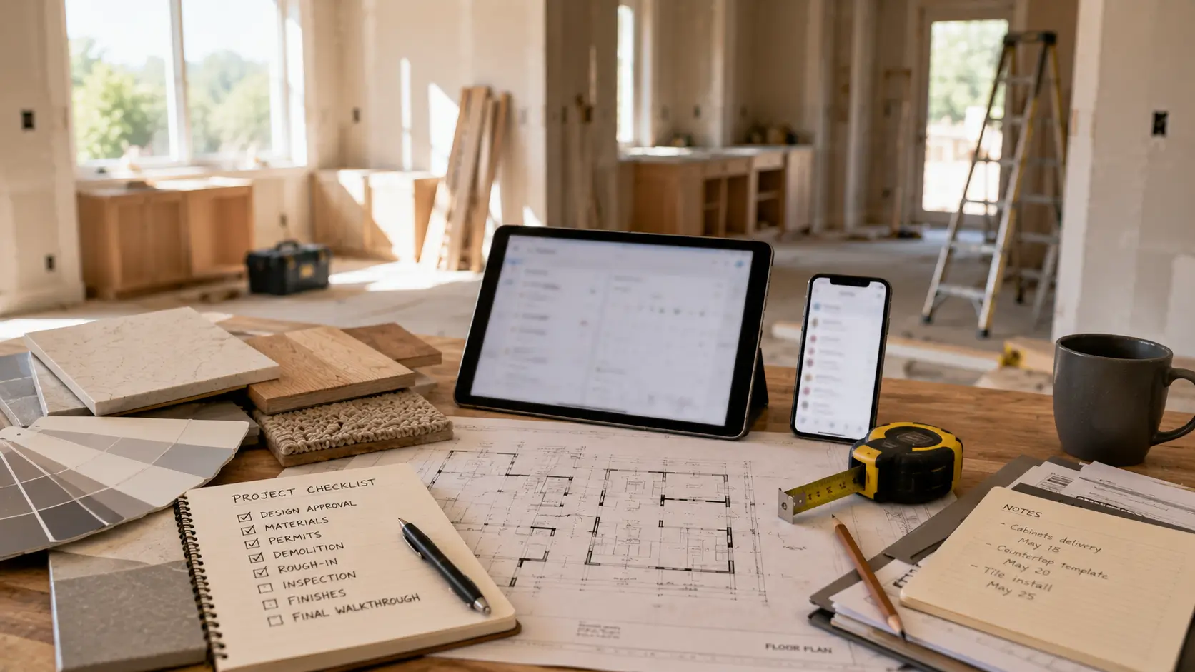 The Modern Home Remodeling Guide: From Inspiration to Completion Home remodeling project management workspace with renovation plans, material samples, project checklist, and digital tools supporting construction planning and coordination.