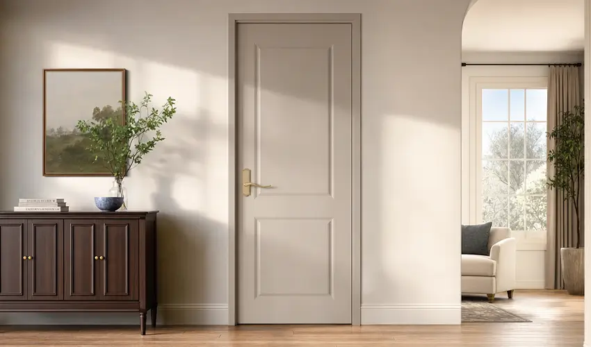 Light neutral paneled interior door with brass hardware