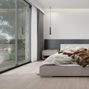 14mm European oak engineered wood flooring in a bright modern bedroom