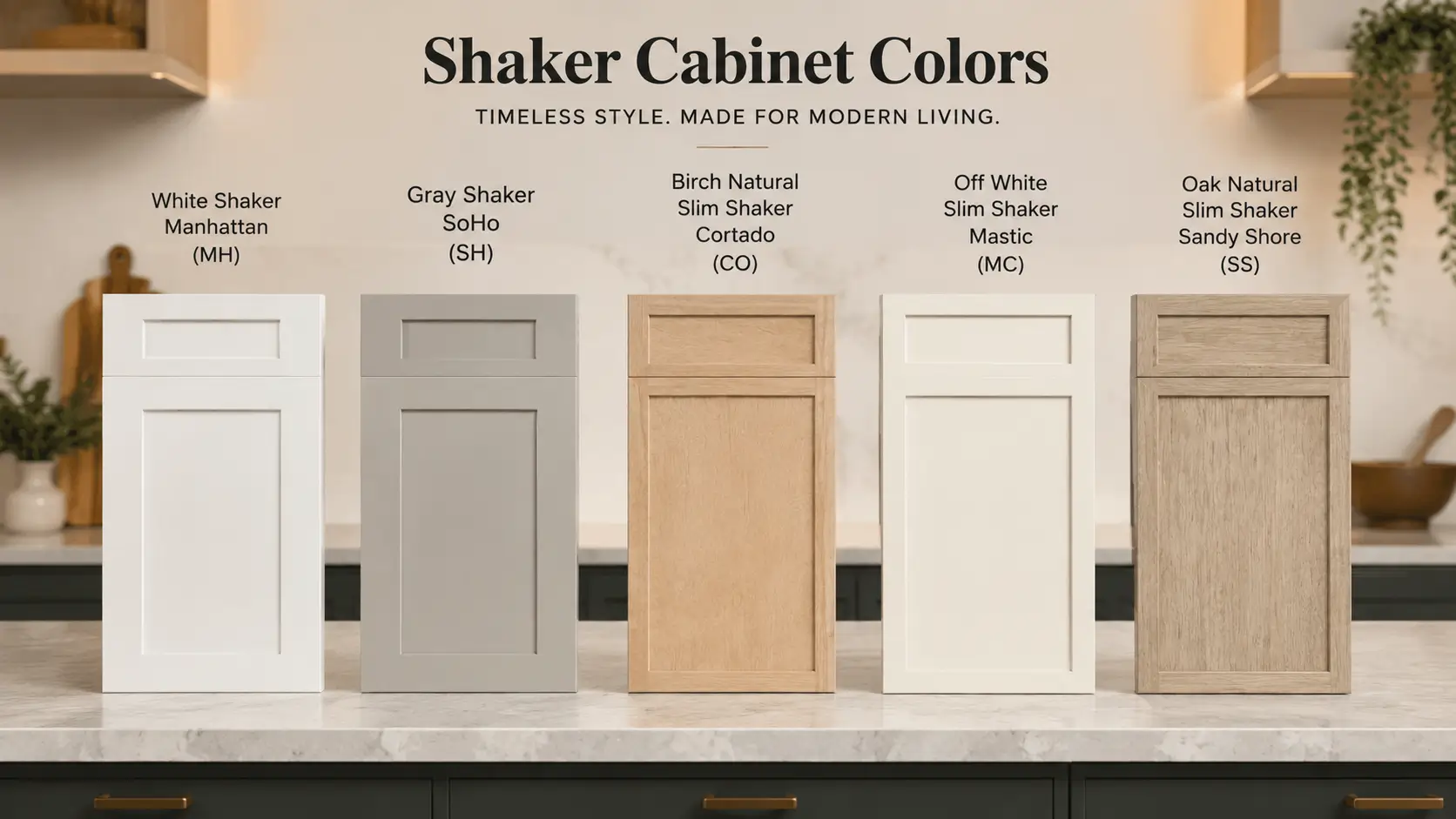 Shaker Kitchen Cabinets: Styles, Colors & Design Ideas Comparison chart showing five shaker kitchen cabinet door styles and finishes, including White Shaker, Gray Shaker, Birch Natural Slim Shaker, Off-White Slim Shaker, and Oak Natural Slim Shaker, displayed side by side with realistic wood textures and modern cabinet profiles.
