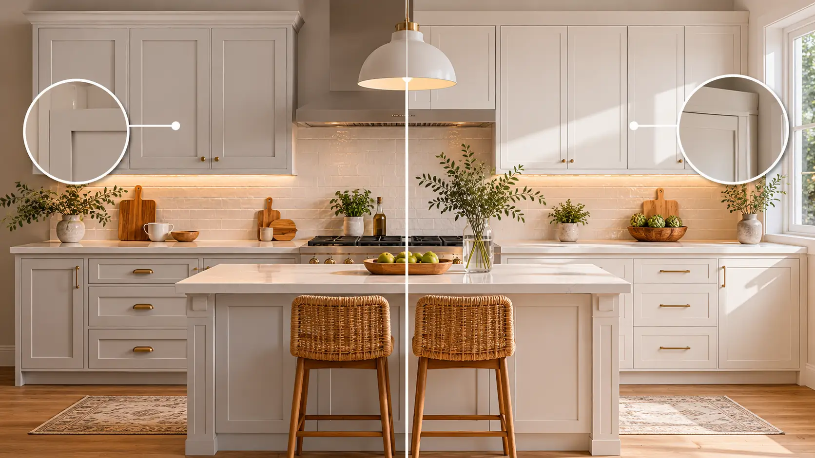 Shaker Kitchen Cabinets: Styles, Colors & Design Ideas Side-by-side comparison of standard shaker and slim shaker kitchen cabinet doors in a modern American kitchen, showing wider classic shaker frames versus slimmer contemporary shaker profiles with recessed panel details.